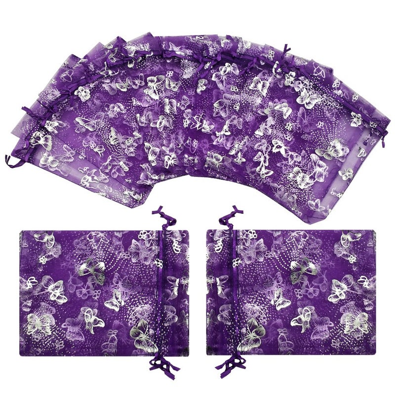 Ankirol 100pcs Sheer Organza Favor Bags Purple Butterfly Print For Wedding Gift Bags Samples Display Drawstring Pouches (4x6) - Image 4